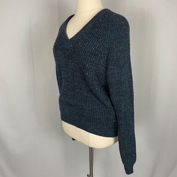 Vintage V Neck Sweater Size XL Blue Pullover Chunky Rib Knit Speckled 80s 90s - Picture 6 of 10